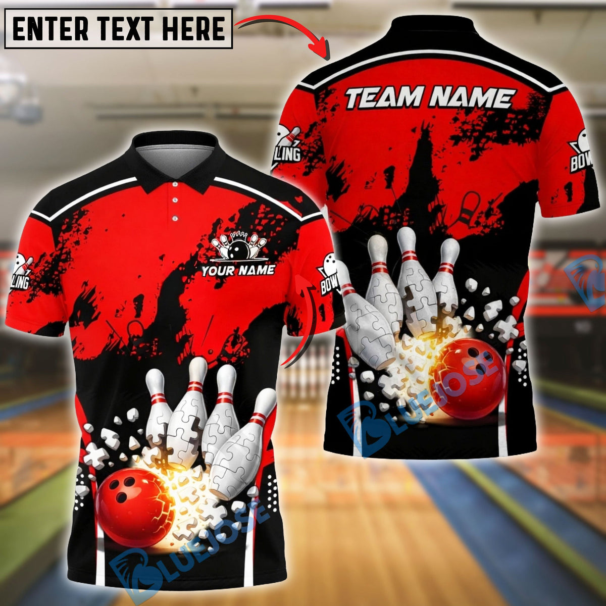 BlueJose Bowling &amp; Pins Explosion Impact Shattered Pins Customized Name, Team Name 3D Shirt (4 Colors)