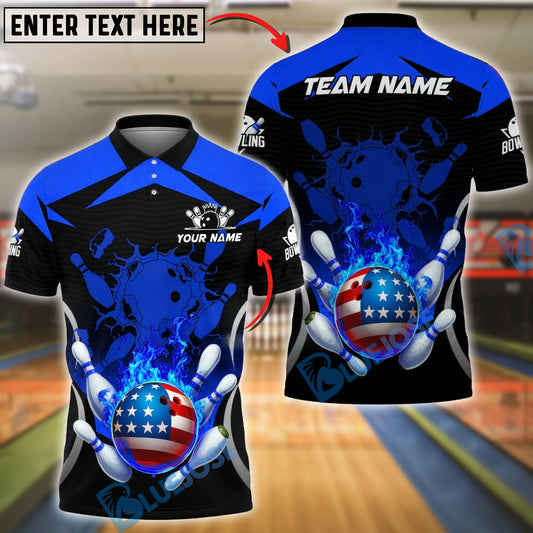 BlueJose Bowling & Pins Fire Ball American Style Strike Customized Name, Team Name 3D Shirt (4 Colors)