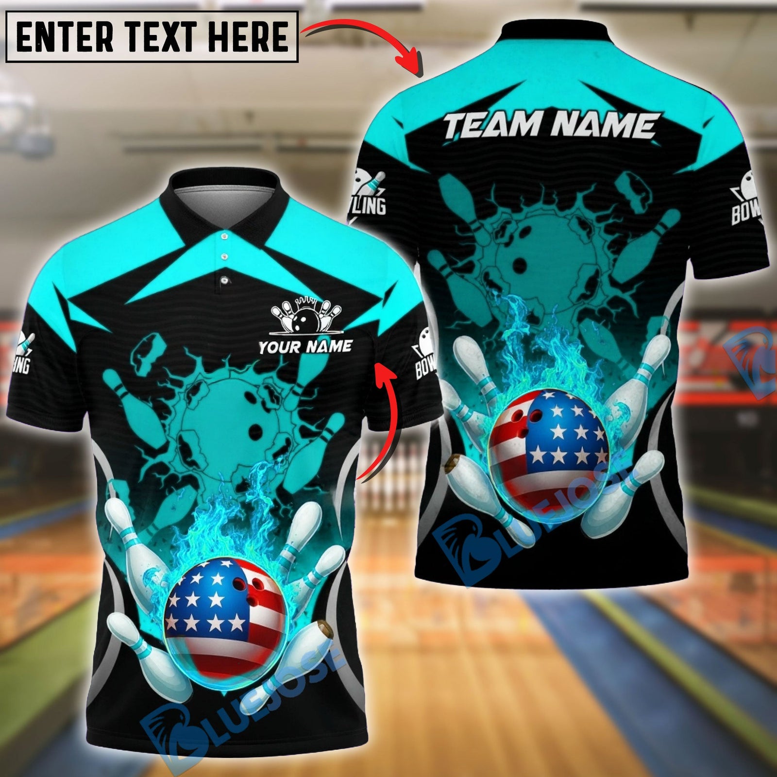 BlueJose Bowling & Pins Fire Ball American Style Strike Customized Name, Team Name 3D Shirt (4 Colors)