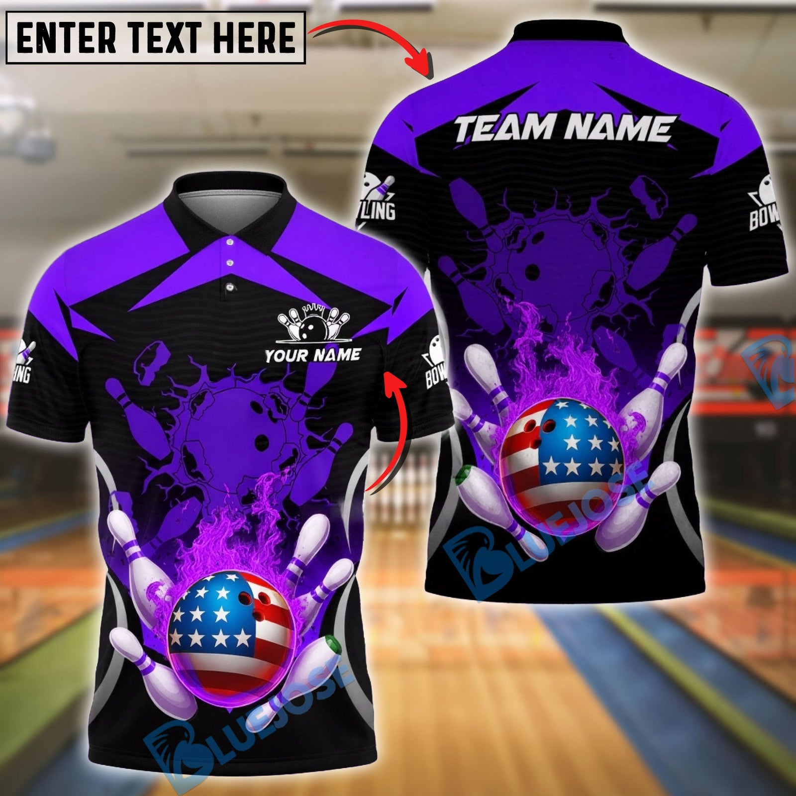BlueJose Bowling & Pins Fire Ball American Style Strike Customized Name, Team Name 3D Shirt (4 Colors)