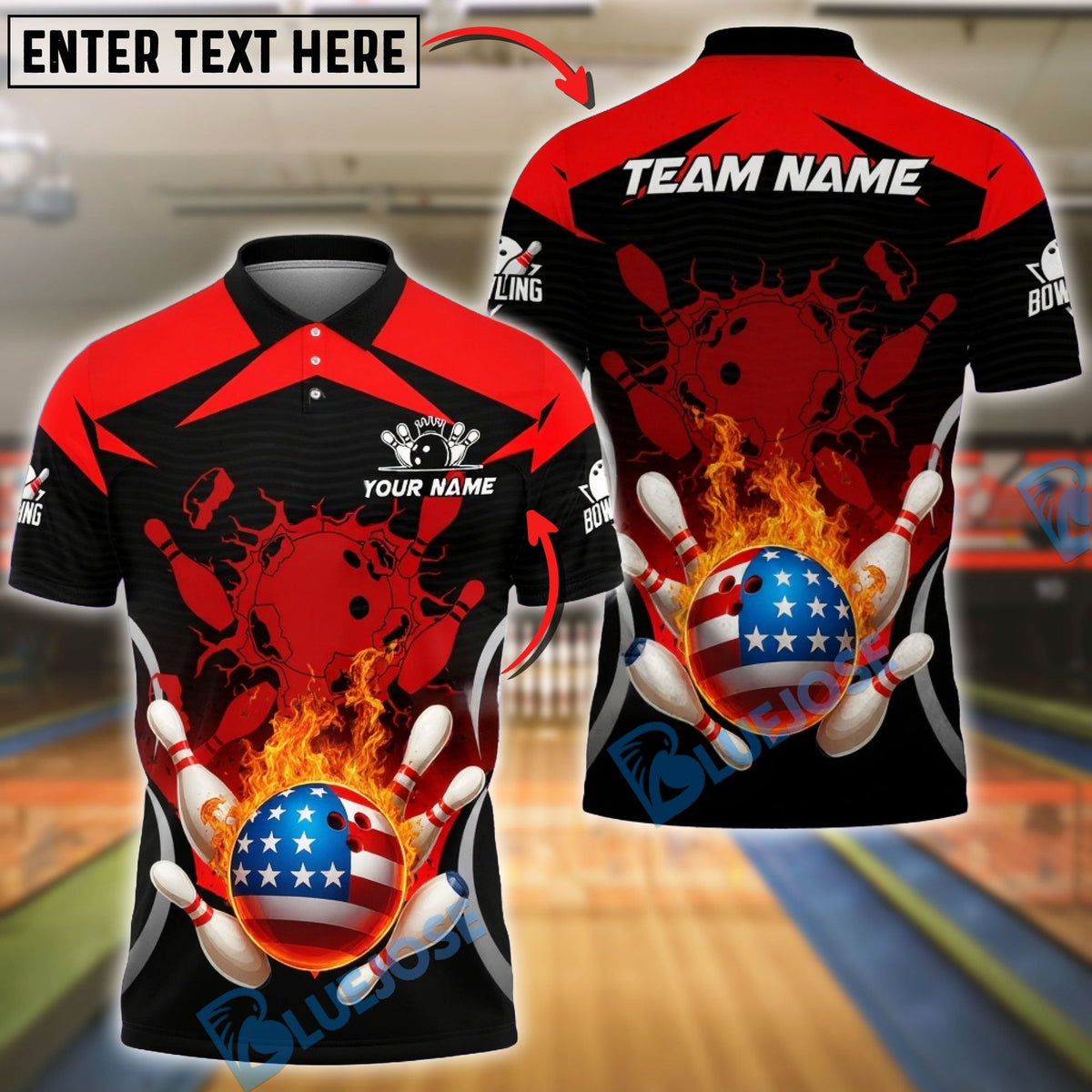 BlueJose Bowling &amp; Pins Fire Ball American Style Strike Customized Name, Team Name 3D Shirt (4 Colors)