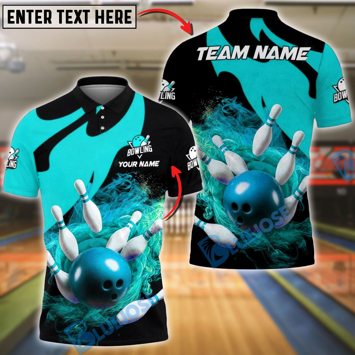 BlueJose Bowling & Pins Flame Swirl Power Shot Customized Name, Team Name 3D Shirt (4 Colors)