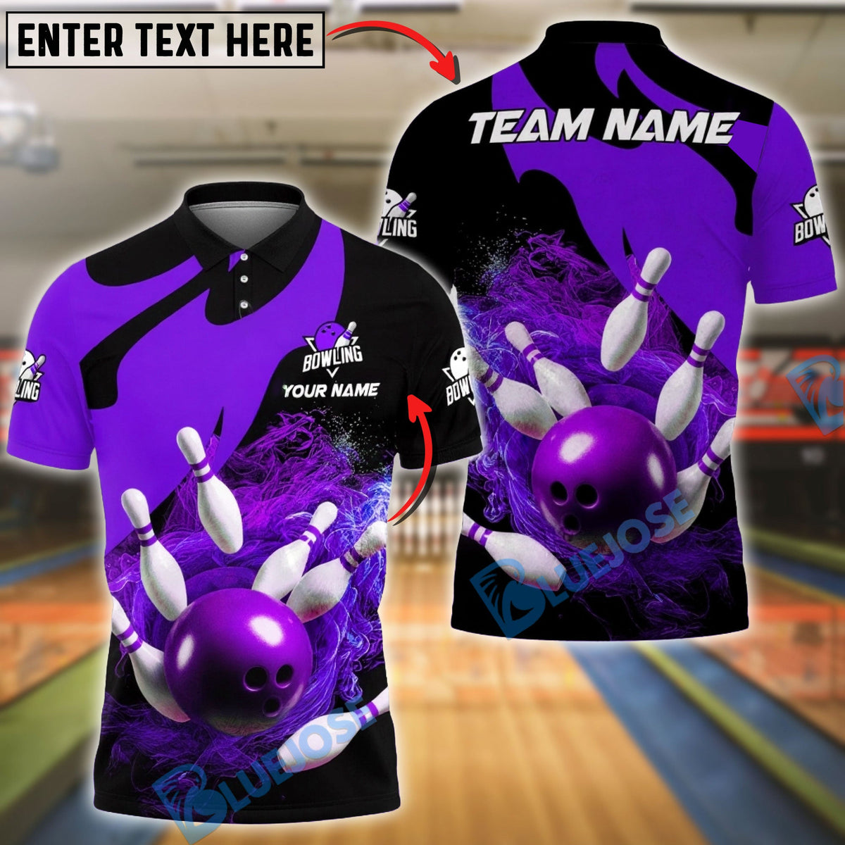 BlueJose Bowling & Pins Flame Swirl Power Shot Customized Name, Team Name 3D Shirt (4 Colors)