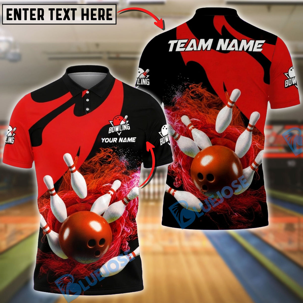 BlueJose Bowling &amp; Pins Flame Swirl Power Shot Customized Name, Team Name 3D Shirt (4 Colors)