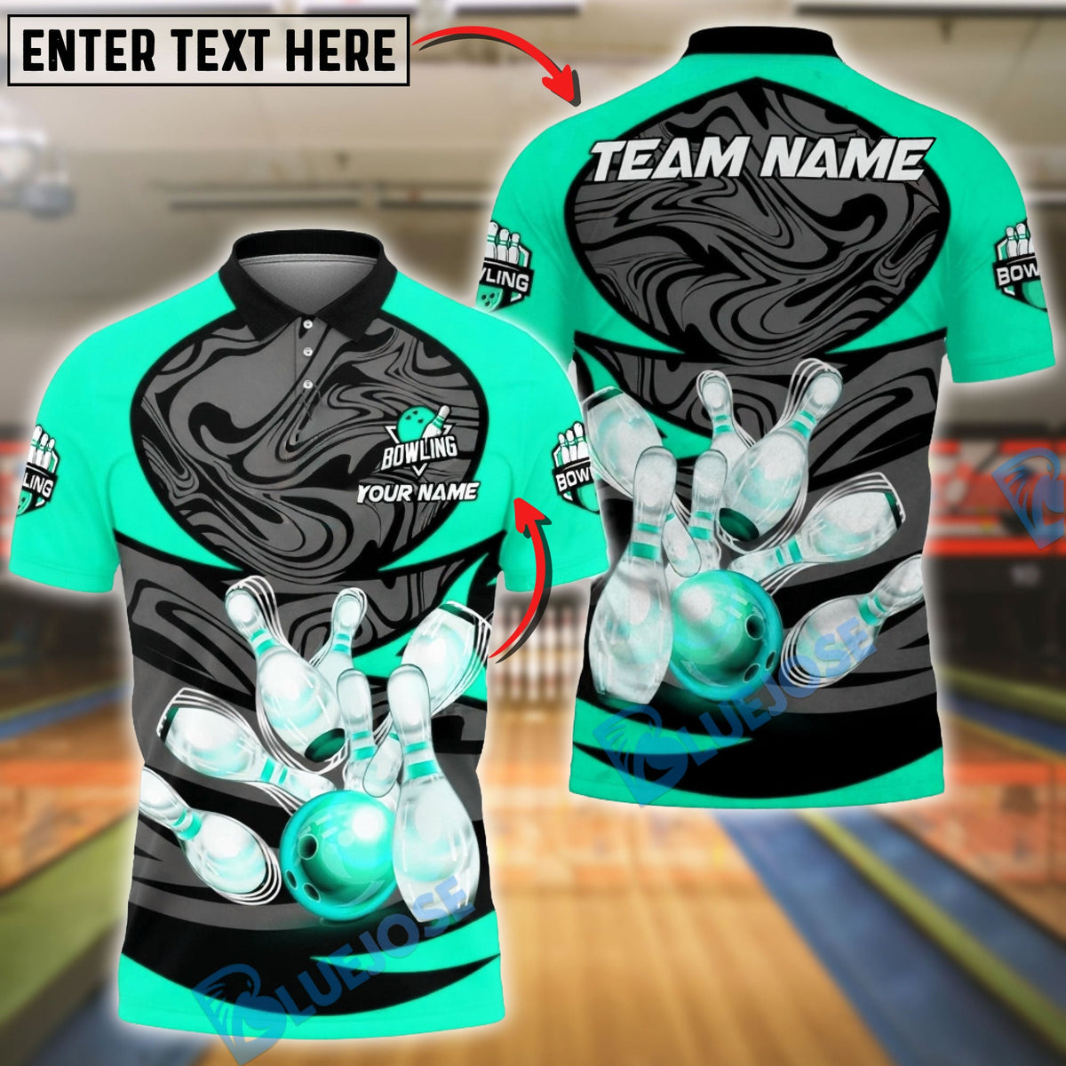 BlueJose Bowling & Pins Strike Glossy Pins Motion Art Customized Name, Team Name 3D Shirt (4 Colors)