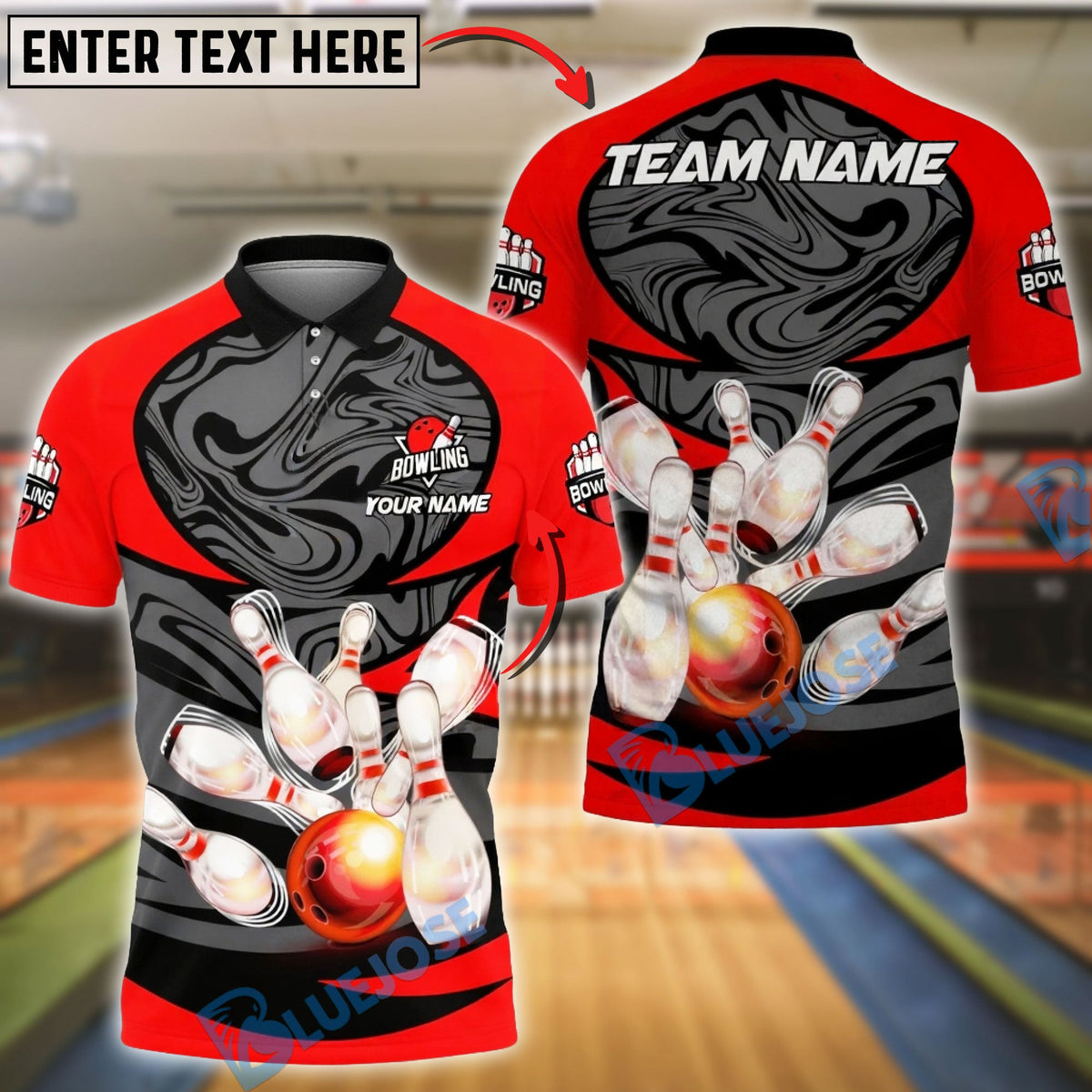 BlueJose Bowling &amp; Pins Strike Glossy Pins Motion Art Customized Name, Team Name 3D Shirt (4 Colors)