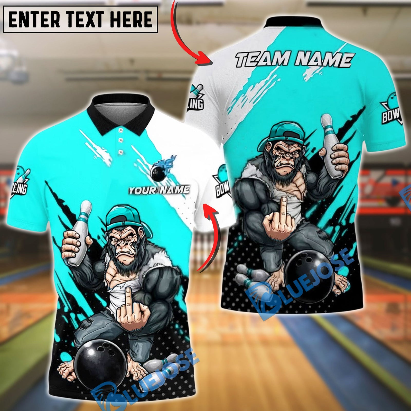 BlueJose Bowling & Pins Savage Gorilla Street Style Strike Customized Name, Team Name 3D Shirt (4 Colors)