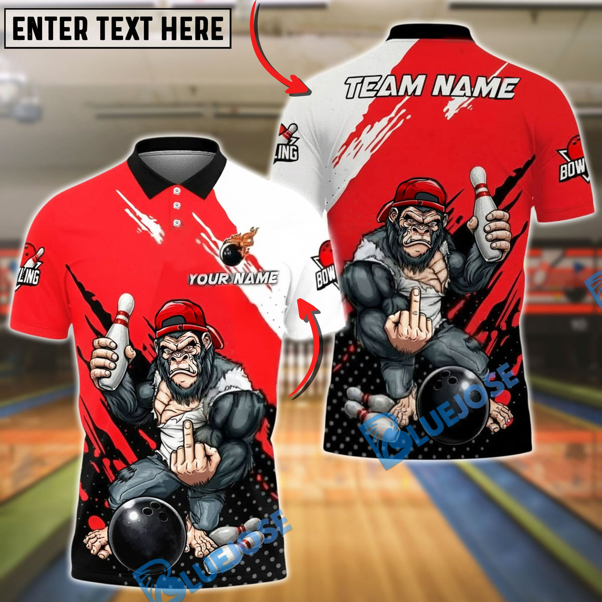 BlueJose Bowling &amp; Pins Savage Gorilla Street Style Strike Customized Name, Team Name 3D Shirt (4 Colors)