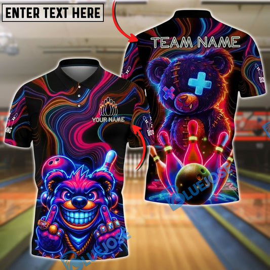 BlueJose Bowling And Pins Crazy Neon Bear Strike Customized Name, Team Name 3D Shirt (4 Colors)