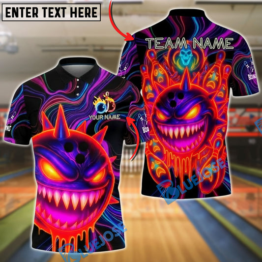 BlueJose Bowling And Pins Evil Neon Monster Customized Name, Team Name 3D Shirt (4 Colors)