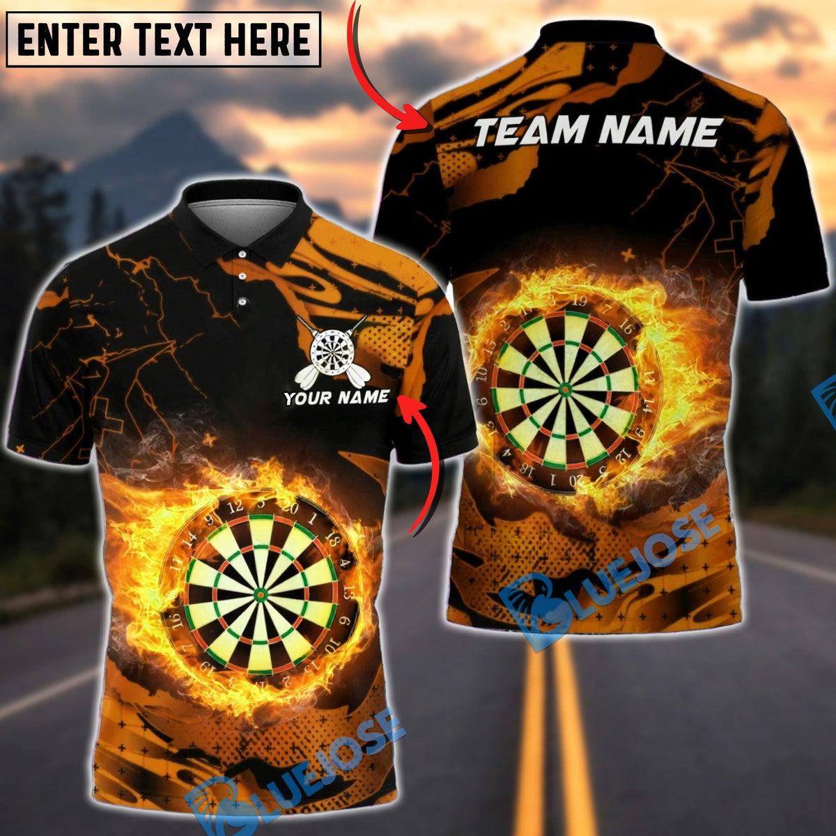 BlueJose Darts Flaming Board Heat Effect Multicolor Options Personalized Name Shirt (4 Colors)