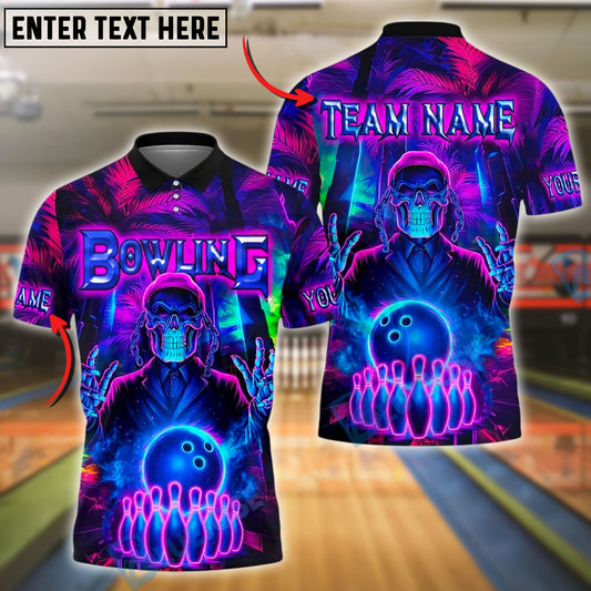 BlueJose Bowling And Pins Neon Skull Glow Customized Name, Team Name 3D Shirt (4 Colors)