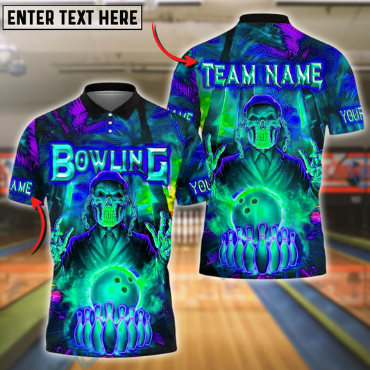 BlueJose Bowling And Pins Neon Skull Glow Customized Name, Team Name 3D Shirt (4 Colors)