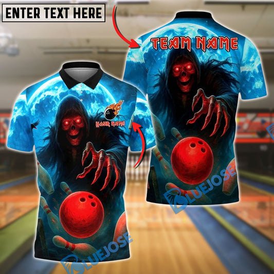 BlueJose Bowling And Pins Reaper Red Flame Eyes Customized Name, Team Name 3D Shirt (4 Colors)
