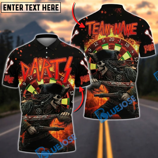 BlueJose Darts Pirate Skeleton Fire Battle Customized Name, Team Name 3D Shirt (4 Colors)