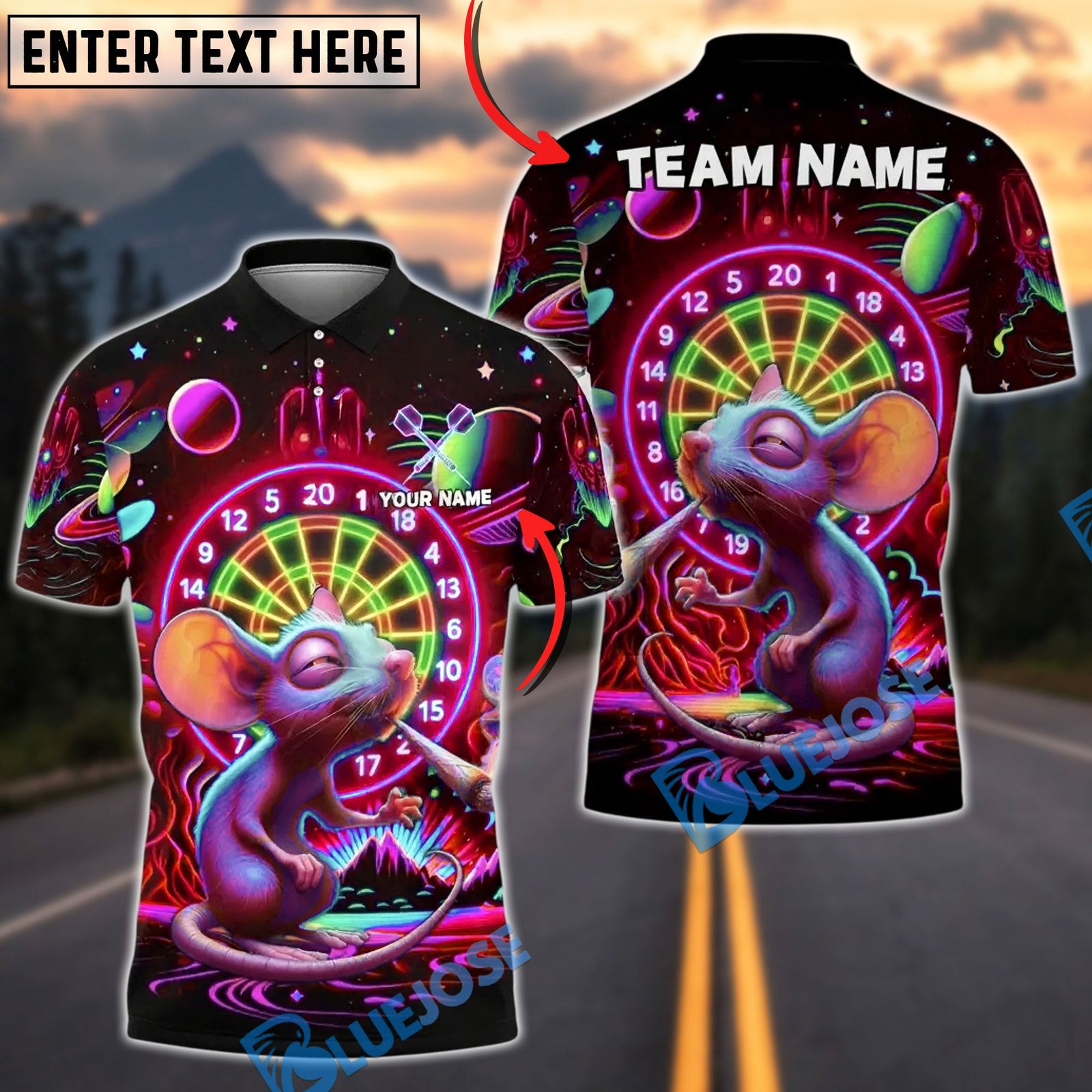 BlueJose Darts Cosmic Mouse Neon Galaxy Personalized Name, Team Name Unisex Shirt (4 Colors)