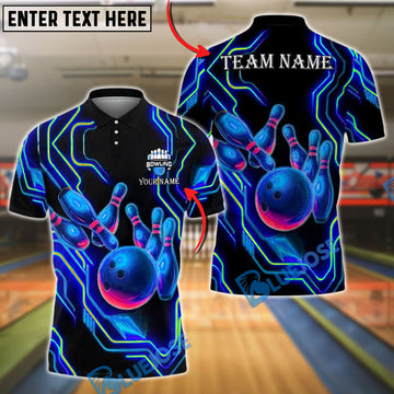 BlueJose Bowling And Pins Neon Glow Pins & Ball Customized Name, Team Name 3D Shirt (4 Colors)