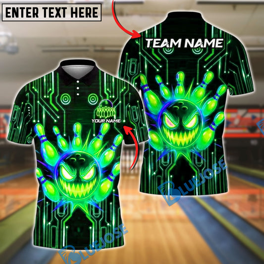 BlueJose Bowling And Pins Cyberpunk Evil Ball Customized Name, Team Name 3D Shirt (4 Colors)