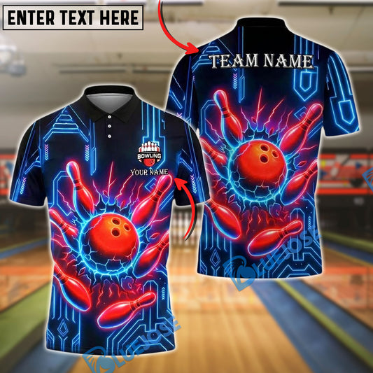 BlueJose Bowling And Pins Electric Strike Red Ball Customized Name, Team Name 3D Shirt (4 Colors)