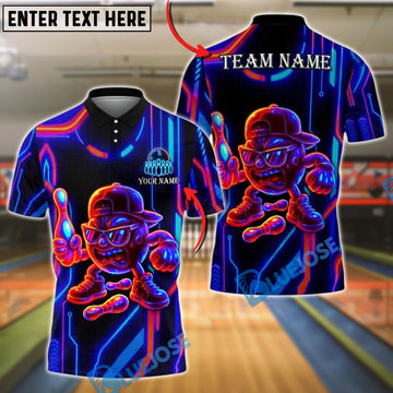 BlueJose Bowling And Pins Cartoon Neon Character Customized Name, Team Name 3D Shirt (4 Colors)
