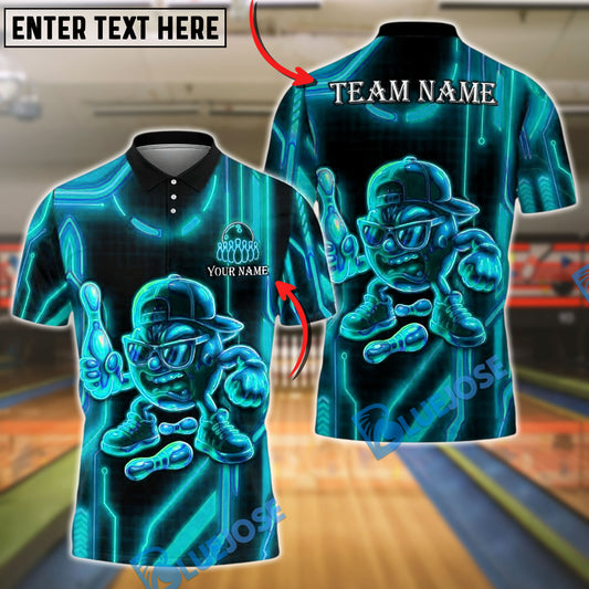 BlueJose Bowling And Pins Cartoon Neon Character Customized Name, Team Name 3D Shirt (4 Colors)