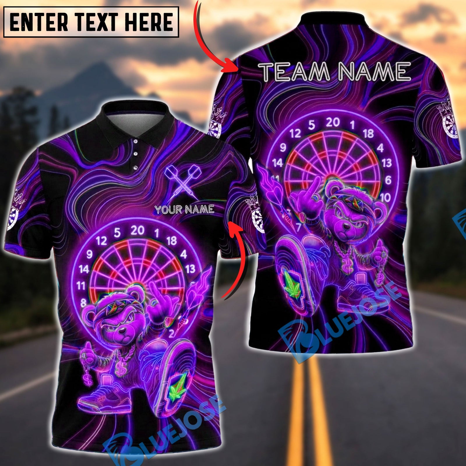 BlueJose Darts Neon Bear Dartboard Kick Pose Multicolor Options Personalized Name Shirt (4 Colors)