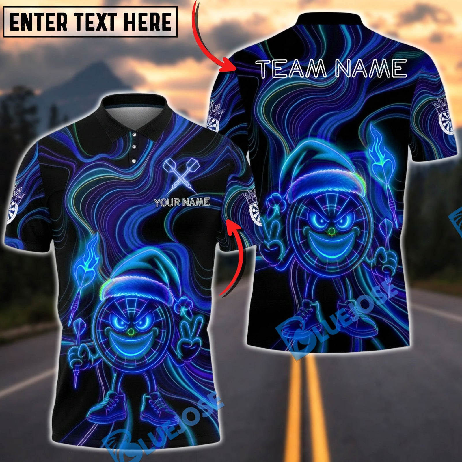 BlueJose Darts Neon Xmas Dartboard Character Fire Glow Multicolor Options Personalized Name Shirt (4 Colors)