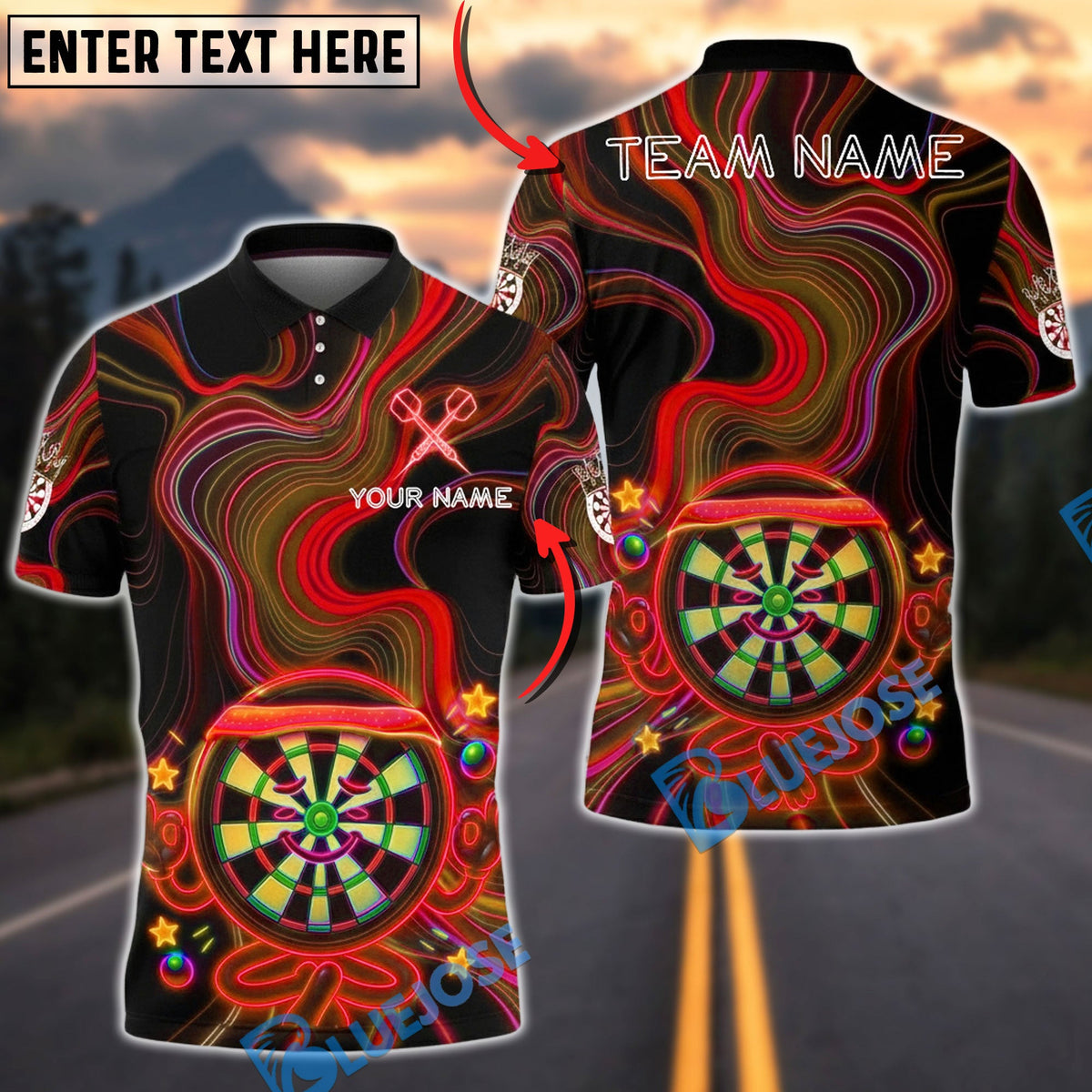 BlueJose Darts Neon Happy Dartboard Character Star Glow Multicolor Options Personalized Name Shirt (4 Colors)