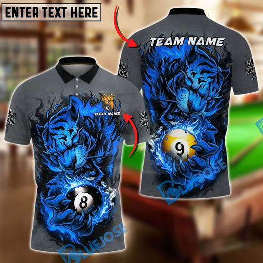BlueJose Billiards Ball 8&9 Fierce Fire Tiger Personalized Name, Team Name Unisex Shirt (4 Colors)