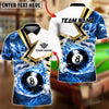 BlueJose Billiards 8-Ball White Flame Burst Personalized Name, Team Name Unisex Shirt (4 Colors)