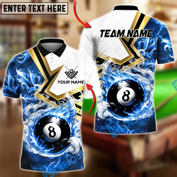 BlueJose Billiards 8-Ball White Flame Burst Personalized Name, Team Name Unisex Shirt (4 Colors)