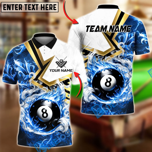 BlueJose Billiards 8-Ball White Flame Burst Personalized Name, Team Name Unisex Shirt (4 Colors)