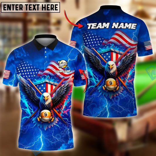 BlueJose Billiards 9 Ball Eagle USA Flag Lightning Personalized Name, Team Name Unisex Shirt (4 Colors)