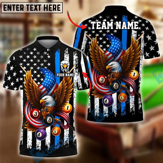BlueJose Billiards 8 Ball Eagle American Flag Stripes Personalized Name, Team Name Unisex Shirt (4 Colors)