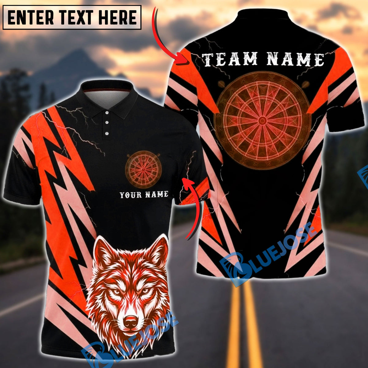 BlueJose Darts Lightning Wolf Head Graphic Personalized Name, Team Name Unisex Shirt (6 Colors)