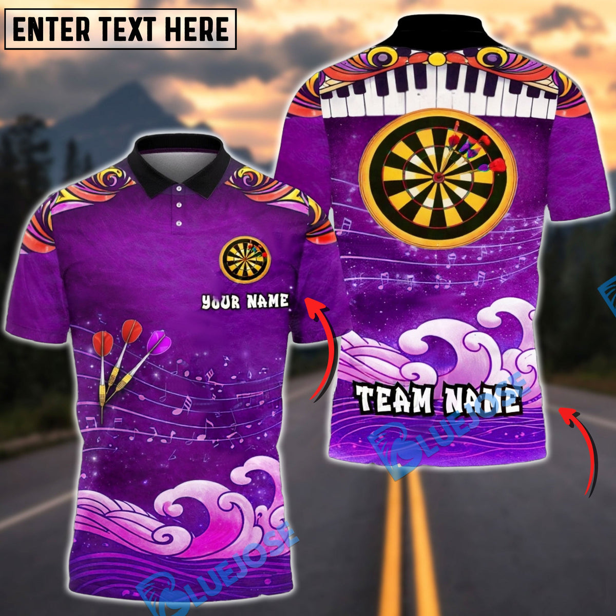 BlueJose Darts Music Wave Artistic Ocean Target Personalized Name, Team Name Unisex Shirt (4 Colors)