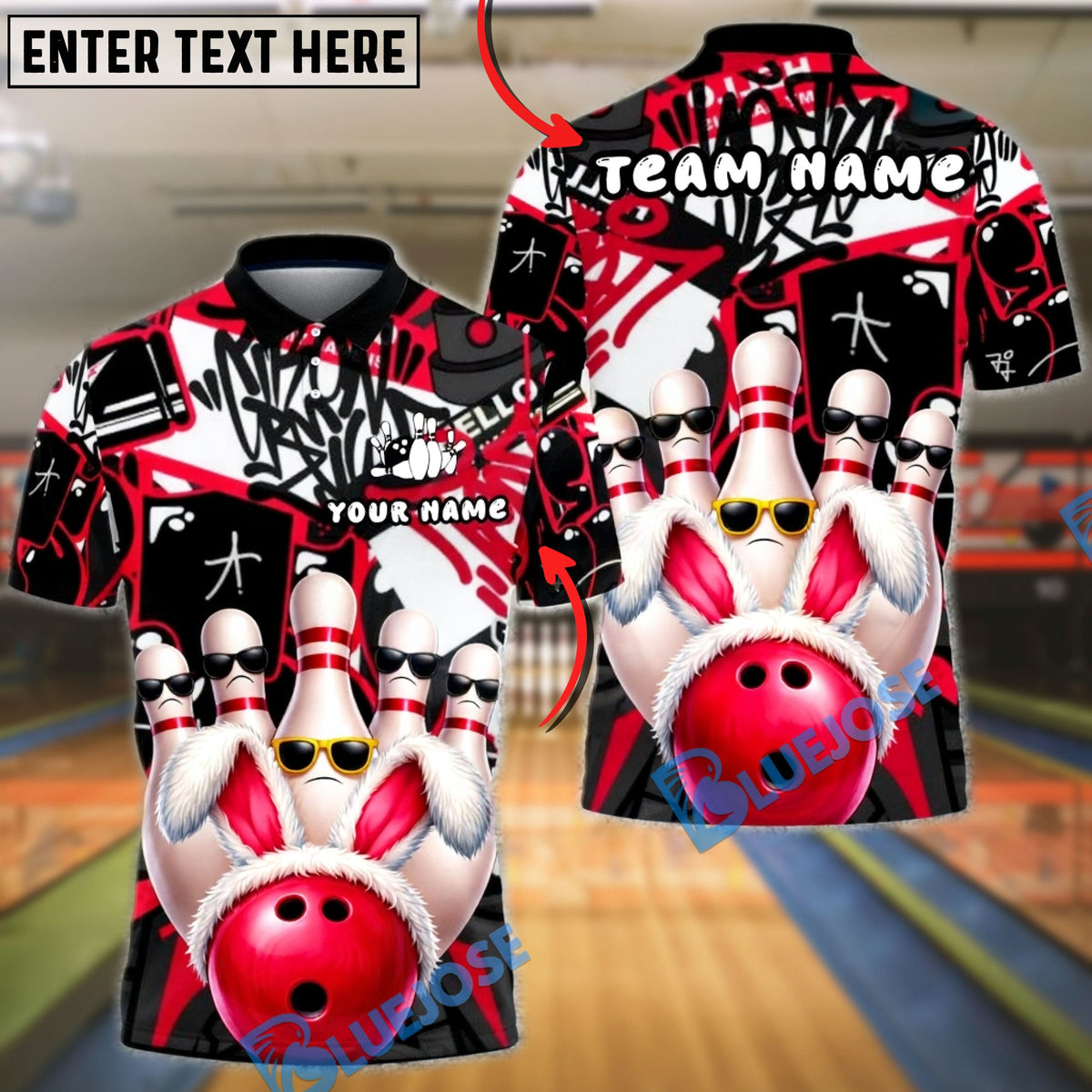 BlueJose Bowling &amp; Pins Graffiti Bunny Pins Street Style Customized Name, Team Name 3D Shirt (4 Colors)
