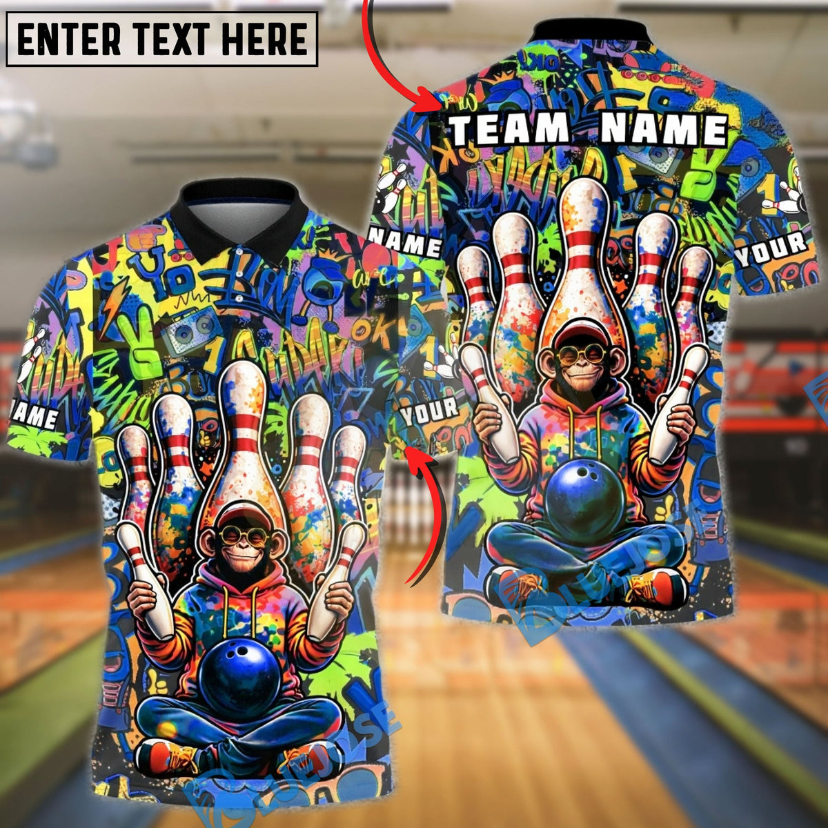 BlueJose Bowling &amp; Pins Graffiti Monkey Splash Art Customized Name, Team Name 3D Shirt (4 Colors)