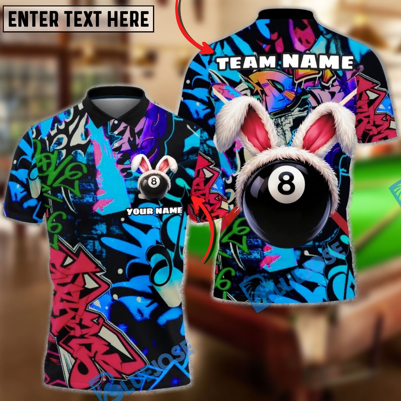 BlueJose Billiards Graffiti 8 Ball Bunny Style Personalized Name Shirt (4 Colors)