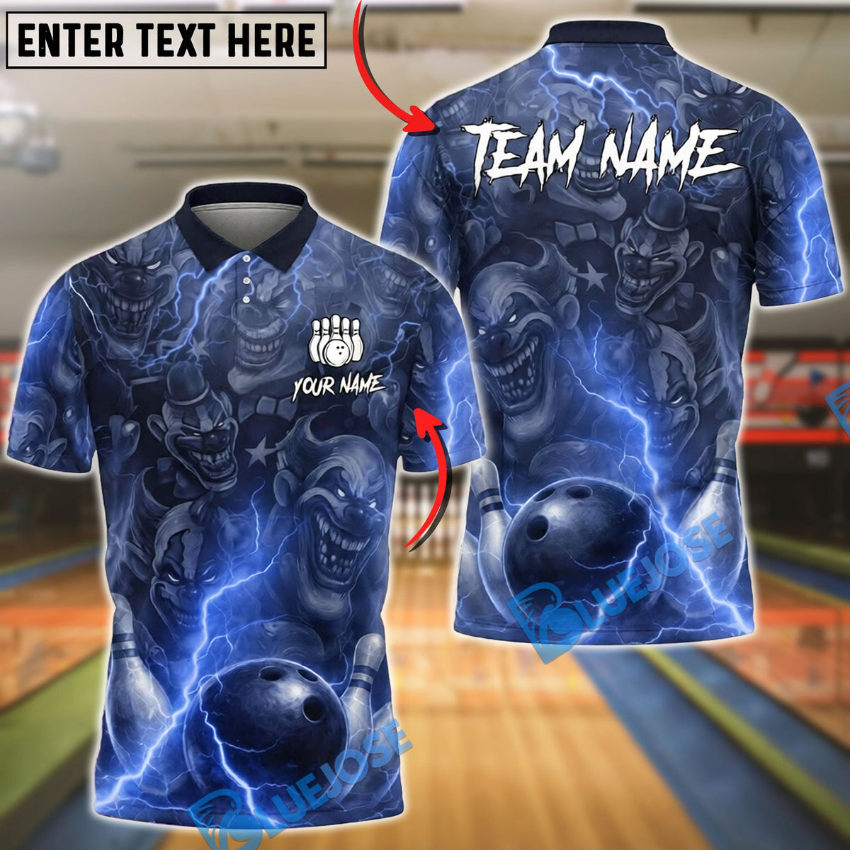BlueJose Bowling &amp; Pins Lightning Evil Face Clowns Customized Name, Team Name 3D Shirt (6 Colors)