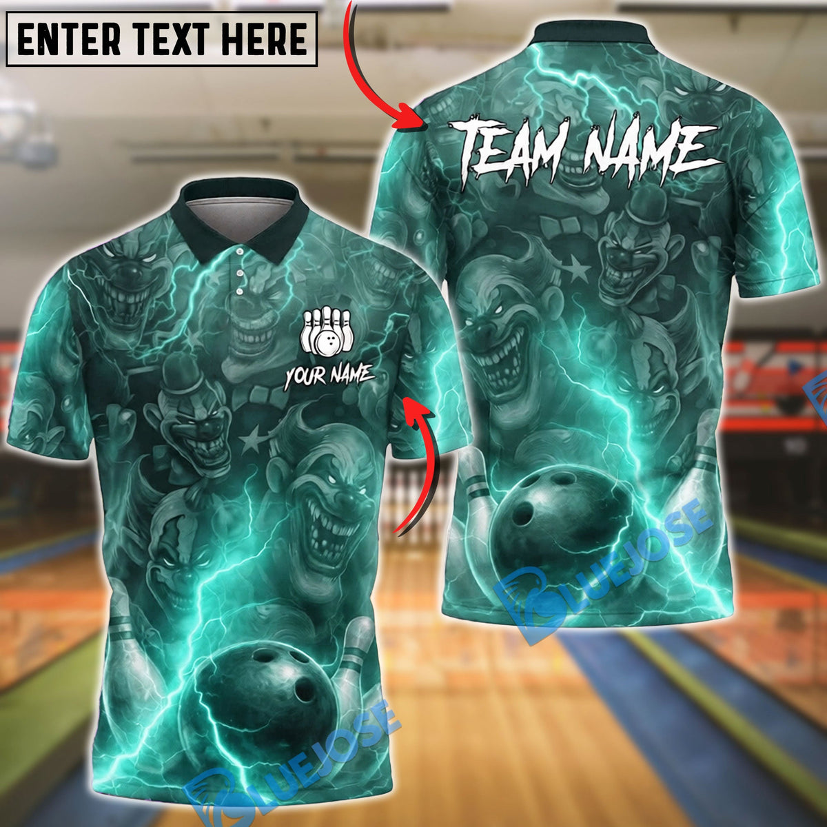 BlueJose Bowling & Pins Lightning Evil Face Clowns Customized Name, Team Name 3D Shirt (6 Colors)