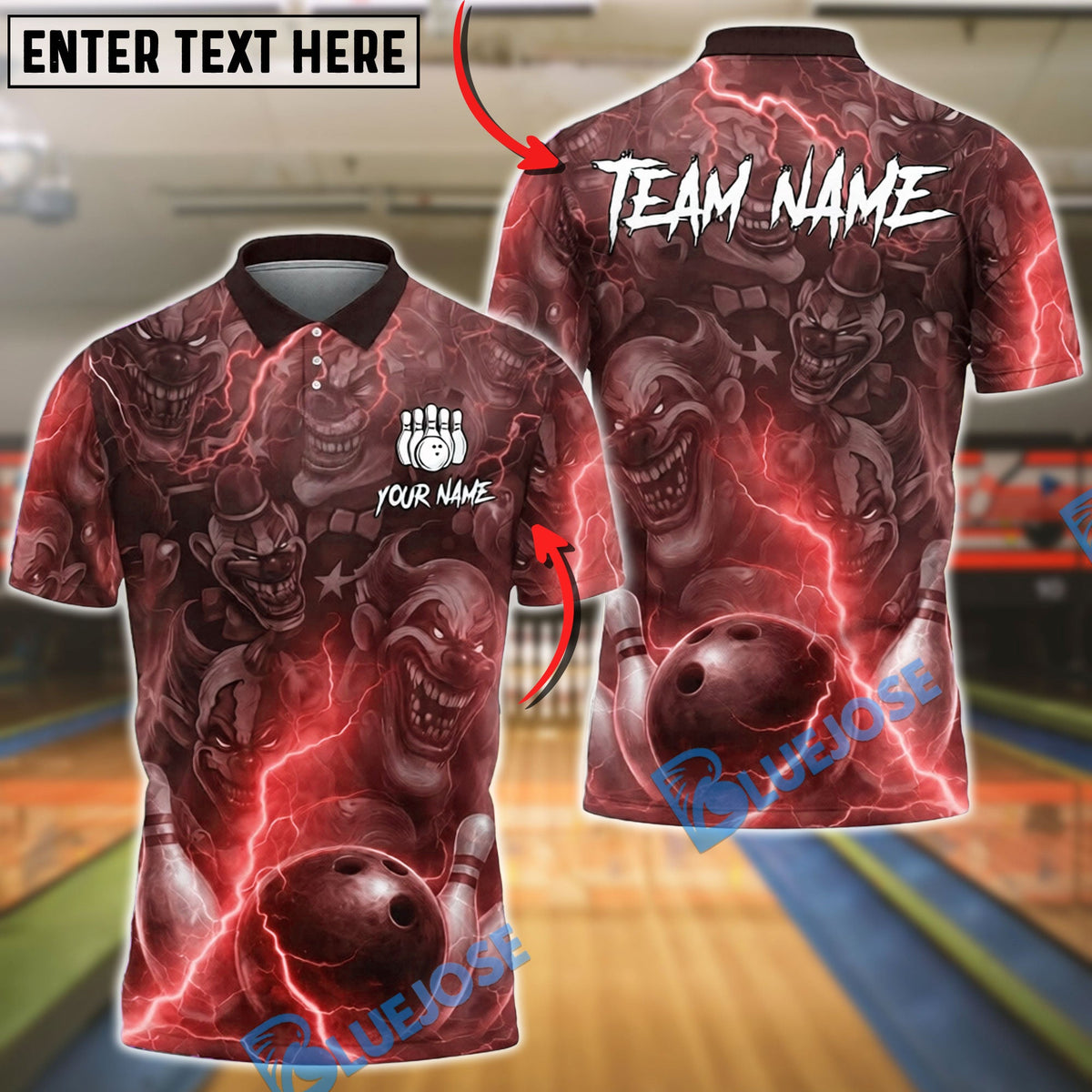 BlueJose Bowling & Pins Lightning Evil Face Clowns Customized Name, Team Name 3D Shirt (6 Colors)
