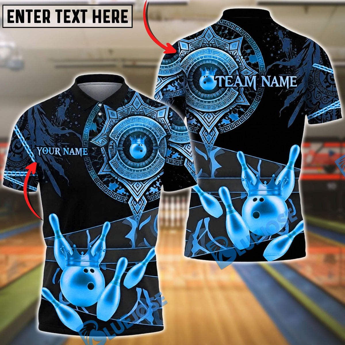 BlueJose Bowling & Pins Royal Gold Mandala Crown Customized Name, Team Name 3D Shirt (6 Colors)