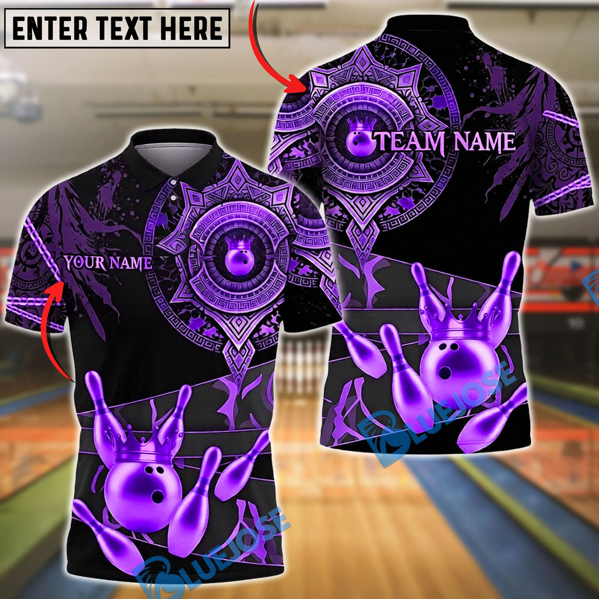 BlueJose Bowling & Pins Royal Gold Mandala Crown Customized Name, Team Name 3D Shirt (6 Colors)