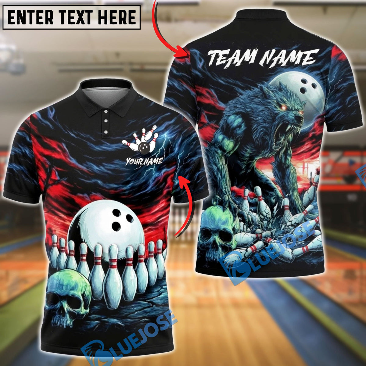 BlueJose Bowling &amp; Pins Dark Wolf Storm Artwork Customized Name, Team Name 3D Shirt (4 Colors)