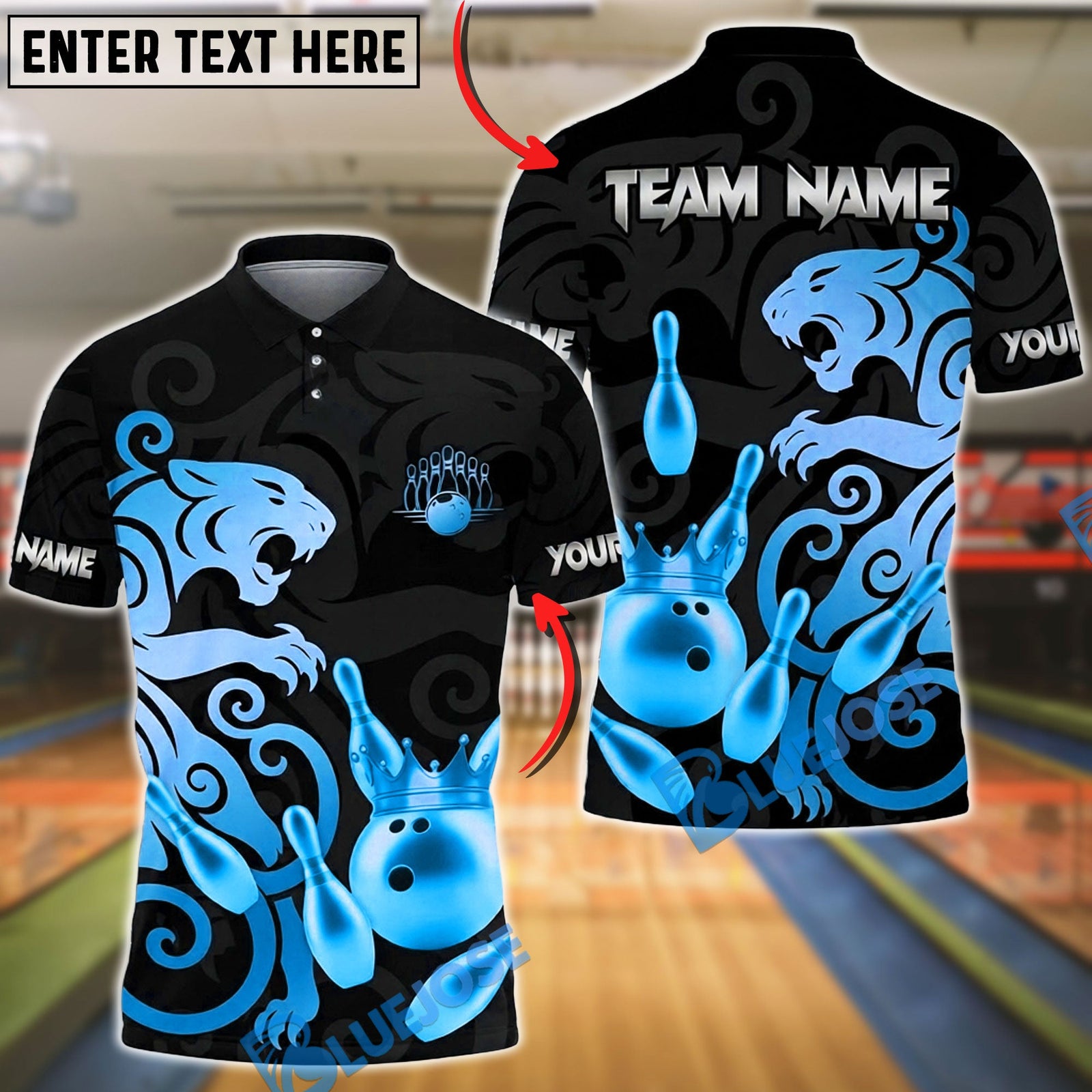 BlueJose Bowling & Pins Black Gold Panther Crown Customized Name, Team Name 3D Shirt (6 Colors)