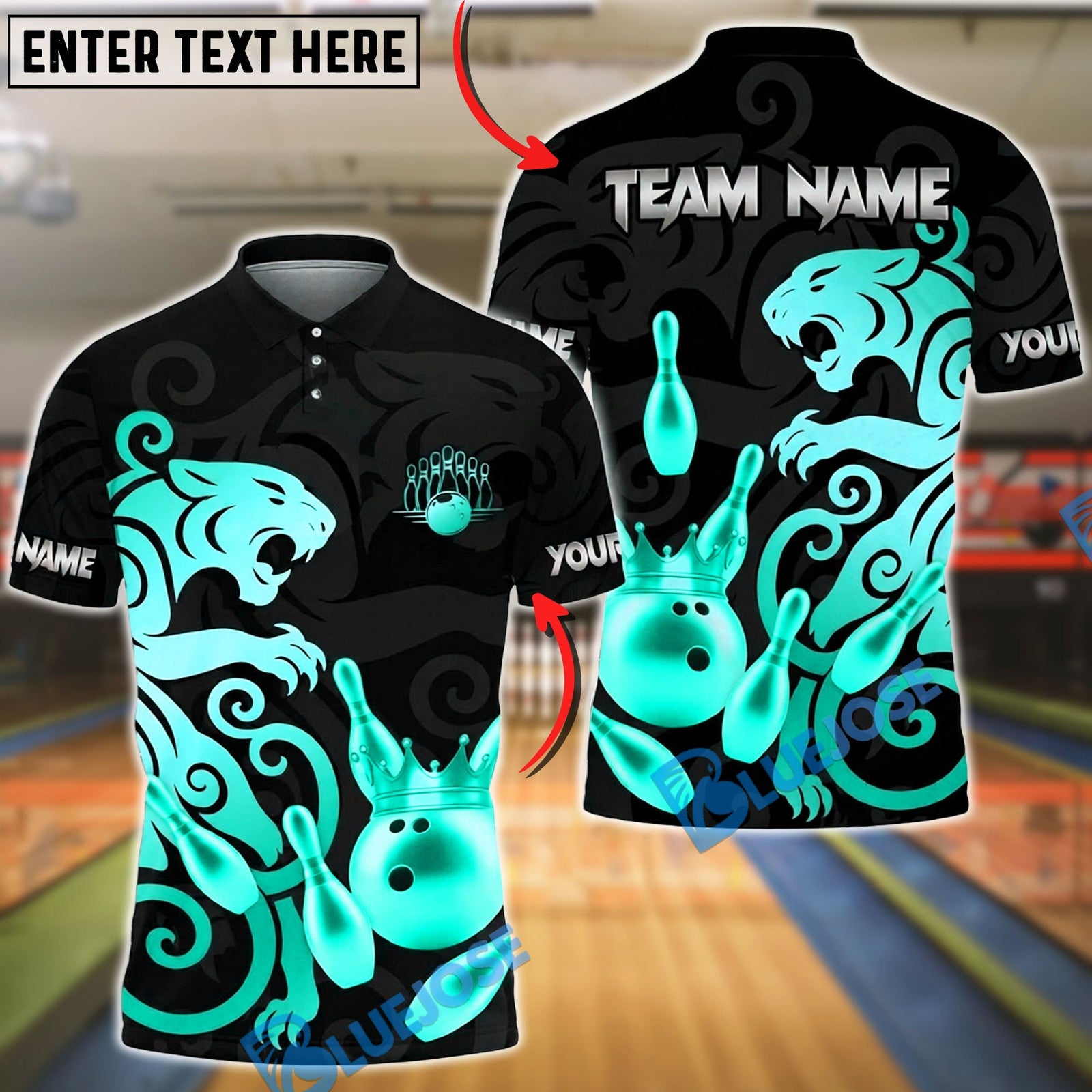 BlueJose Bowling & Pins Black Gold Panther Crown Customized Name, Team Name 3D Shirt (6 Colors)