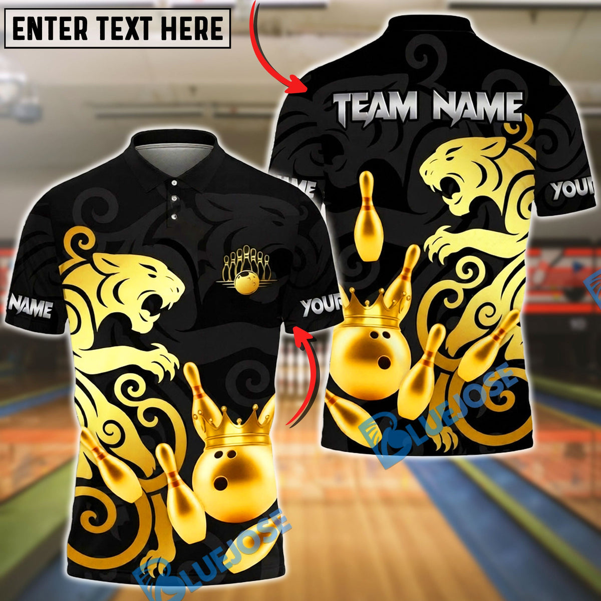 BlueJose Bowling &amp; Pins Black Gold Panther Crown Customized Name, Team Name 3D Shirt (6 Colors)