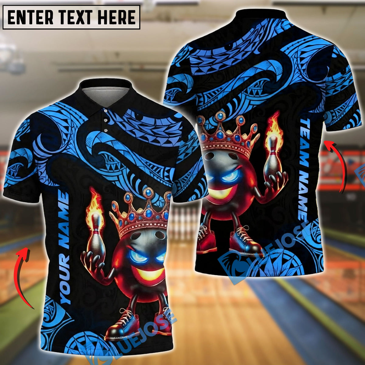 BlueJose Bowling &amp; Pins Tribal Fire King Graphic Customized Name, Team Name 3D Shirt (4 Colors)