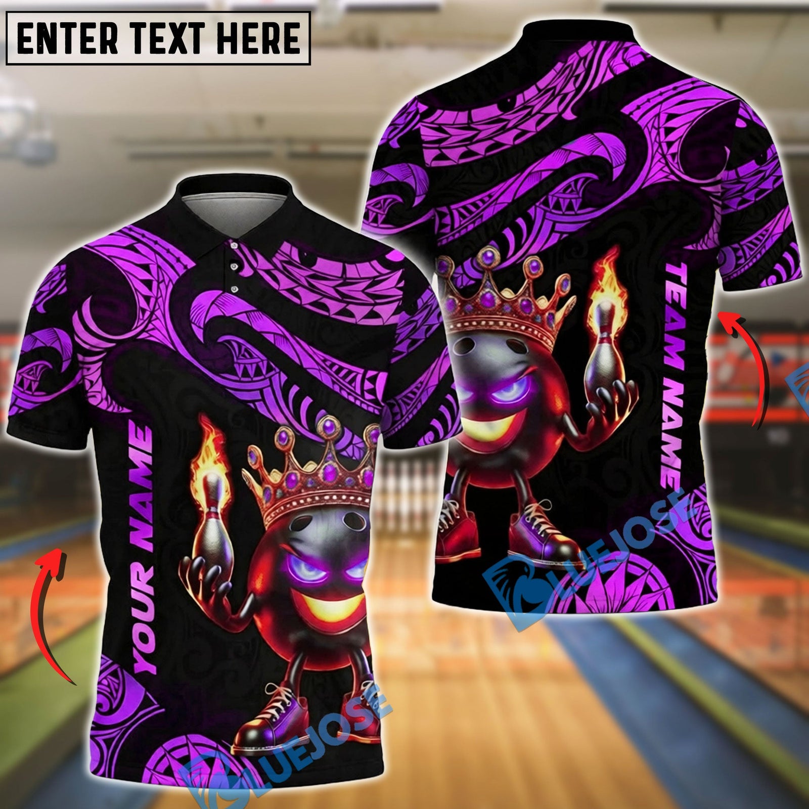 BlueJose Bowling & Pins Tribal Fire King Graphic Customized Name, Team Name 3D Shirt (4 Colors)